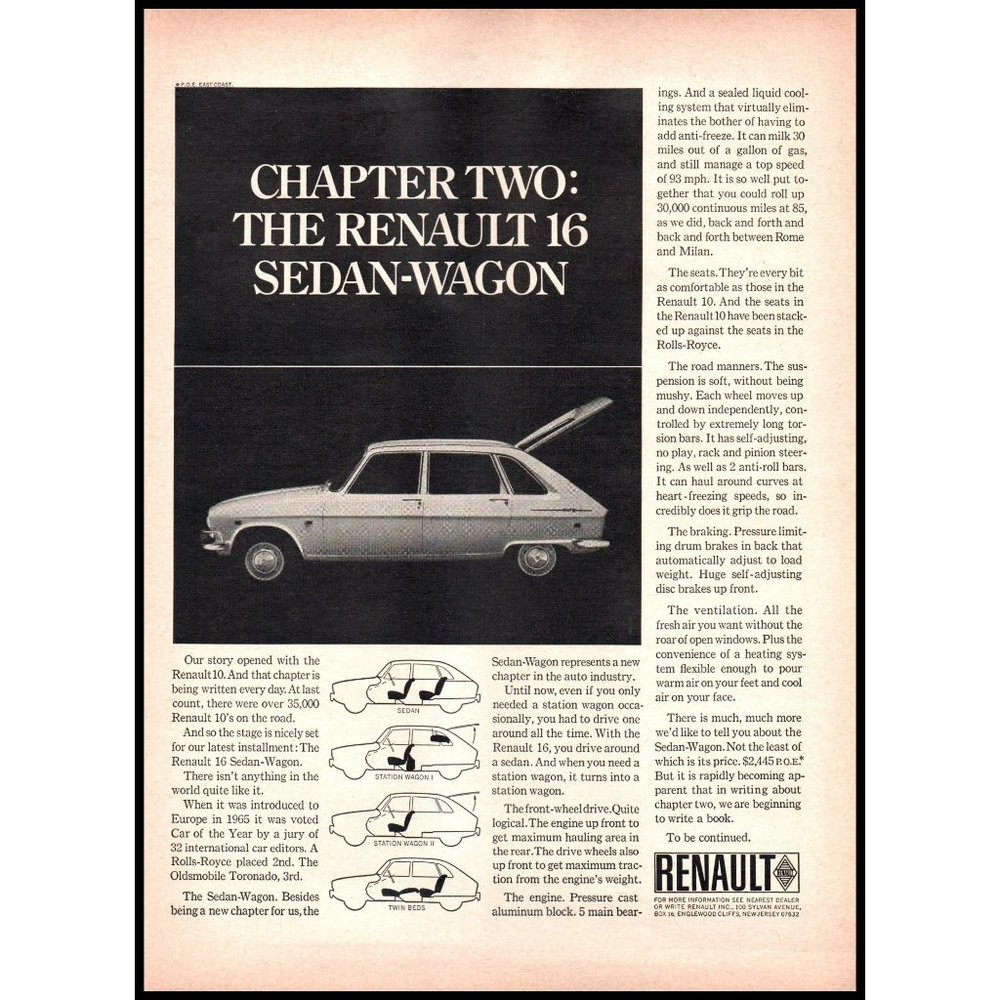 1969 Renault Sedan-Wagon Vintage Print Ad Chapter Two Story Wall Art Man Cave